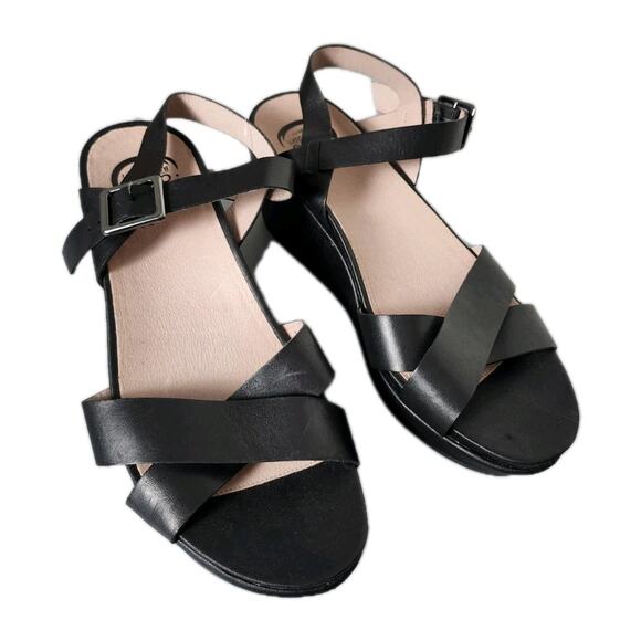 Abeo HANA Leather Wedge Sandals Size 11 Black Arch Support Strap Buckle - Picture 1 of 8